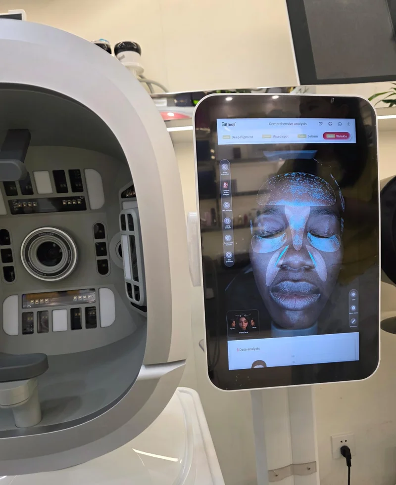 k33 AI skin analyser screen showing detailed multi-spectrum skin mapping